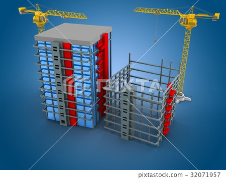 cranes over blue light background with building 32071957