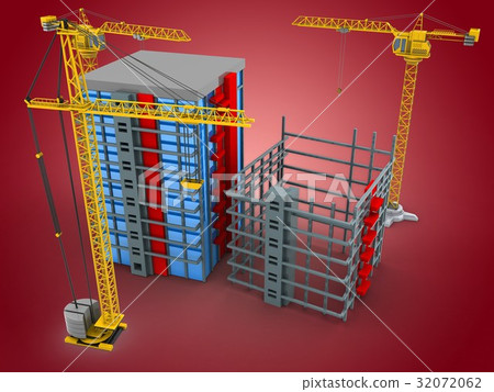 building over red background with two cranes 32072062