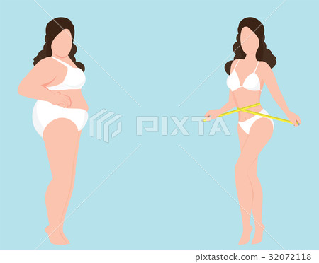 Woman before and after diet weigh loss. 32072118