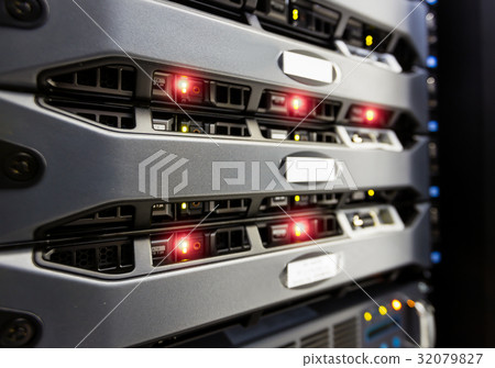 Server mount on rack in data center room  32079827