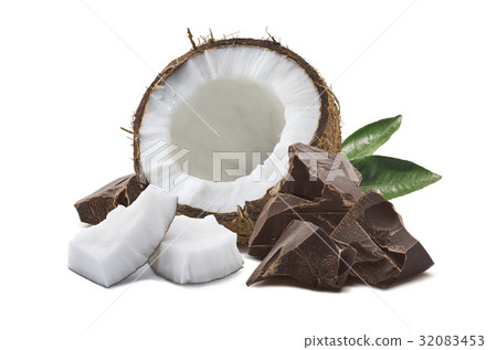 Coconut chocolate green leaf isolated on white 32083453