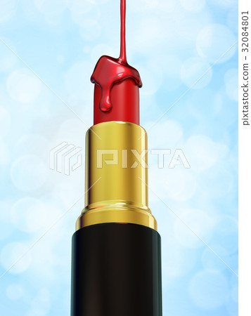 Red lipstick and nail polish on blue bokeh 32084801