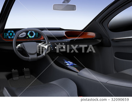 Driver's seat image of automatic driving car. Touch screen operation allows music playback and video viewing. 32090659