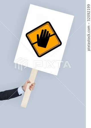 Studio Shoot Holding Banner with Don't Touch Caution Sign 32092199