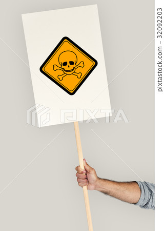 Studio Shoot Holding Banner with Poison Attention Sign Studio Shoot Holding Banner with Poison Attention Sign 32092203