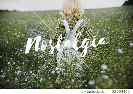 Nostalgia word on young boy outdoors Nostalgia word on young boy outdoors 32093402