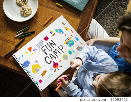 Boy working on notepad network graphic overlay Boy working on notepad network graphic overlay 32093462