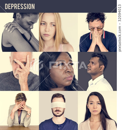 Collage of people face expression worried unhappy Collage of people face expression worried unhappy 32094013