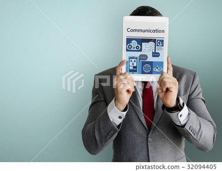 Man holding digital device network graphic overlay Man holding digital device network graphic overlay 32094405