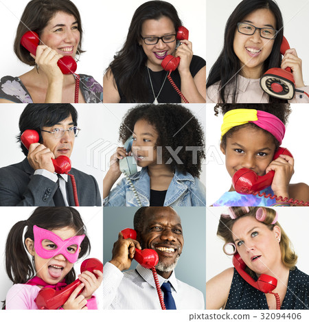 Set of Diverse People Using Telephone Studio Collage 32094406