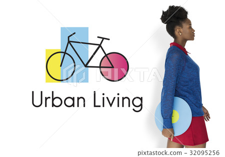 African Woman Studio Shoot on White Background Bike Icon 32095256