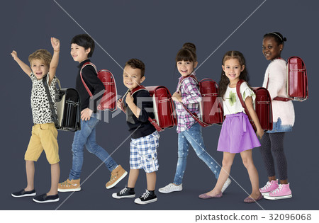 A group of children with a backpack A group of children with a backpack 32096068