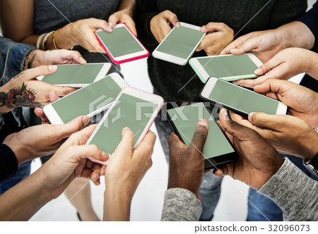 Group of people using mobile phone with blank screen 32096073