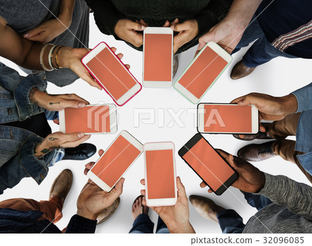 Group of people using mobile phone with blank screen Group of people using mobile phone with blank screen 32096085
