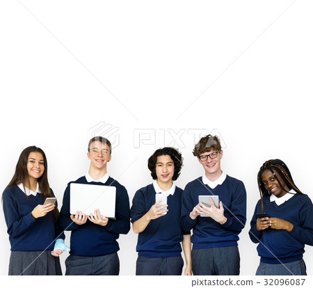 Group of Diverse Students Using Digital Devices Studio Portrait Group of Diverse Students Using Digital Devices Studio Portrait 32096087
