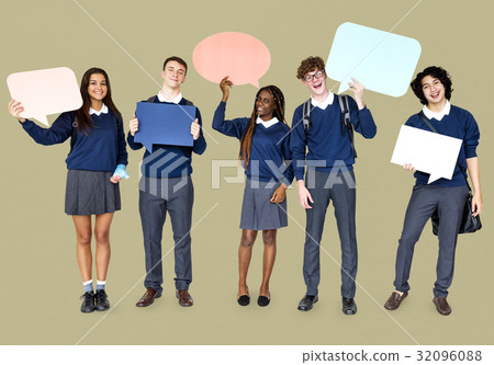 Group of Diverse Students Showing Speech Bubbles Studio Portrait Group of Diverse Students Showing Speech Bubbles Studio Portrait 32096088