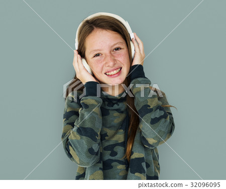 Young Adult Woman with Headphone Listen Music Studio Portrait 32096095