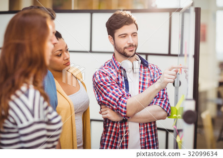 Confident executive pointing on whiteboard to colleagues at creative office Confident executive pointing on whiteboard to colleagues at creative office 32099634