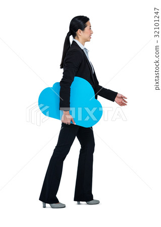 Smiling woman walking with cloud symbol Smiling woman walking with cloud symbol 32101247