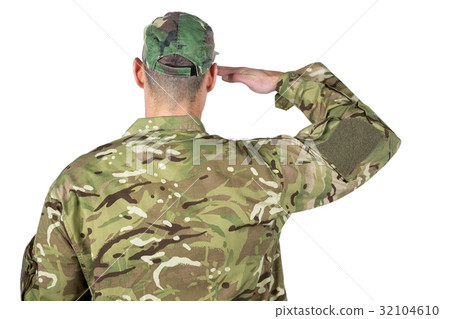 Rear view of soldier saluting 32104610