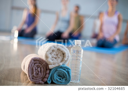 Close-up of towel and water bottle 32104685