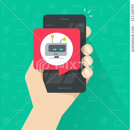 User holding smartphone with chatbot chat bubble User holding smartphone with chatbot chat bubble 32110050