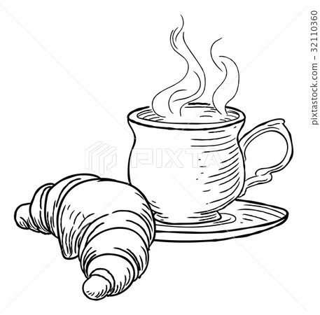 Cup of Tea and Croissant Vintage Retro Style 32110360