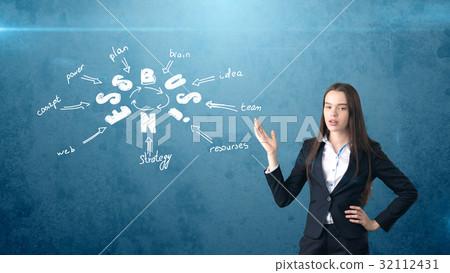 Beauty girl in a suit standing near wall with a 32112431