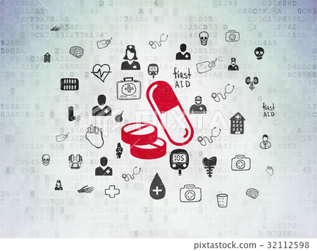 Medicine concept: Pills on Digital Data Paper Medicine concept: Pills on Digital Data Paper 32112598