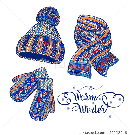 Warm hat mittens scarf color doodle  32112948