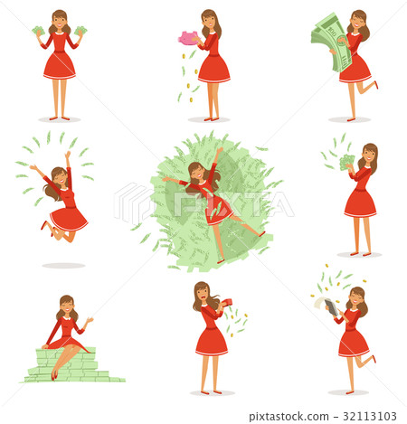 Happy young rich woman in a red dress enjoying her Happy young rich woman in a red dress enjoying her 32113103