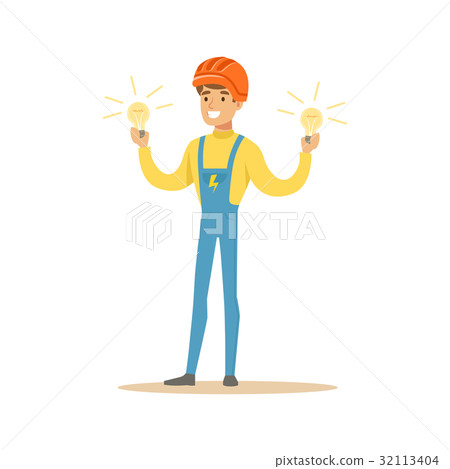 Smiling electrician in uniform standing and 32113404