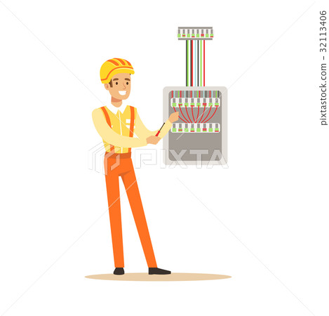 Smiling electrician screwing equipment in fuse box 32113406