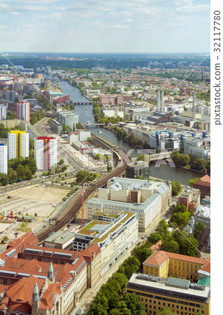 Aerial view of Berlin with S-Bahn tracks train 32117780