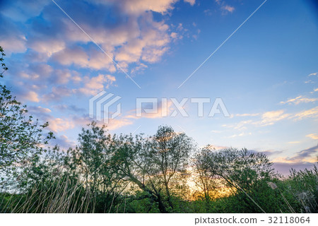 Beautiful sunset above rural lane.  32118064