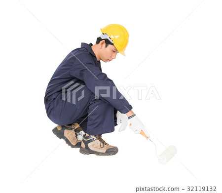 Worker using paint roller is painting invisible f Worker using paint roller is painting invisible f 32119132