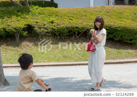 A dog and a woman walking in the park 32124289