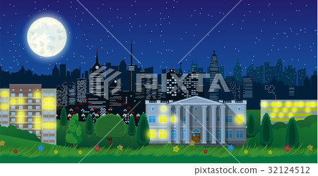 Modern city view in night. Cityscape and park - Stock Illustration ...