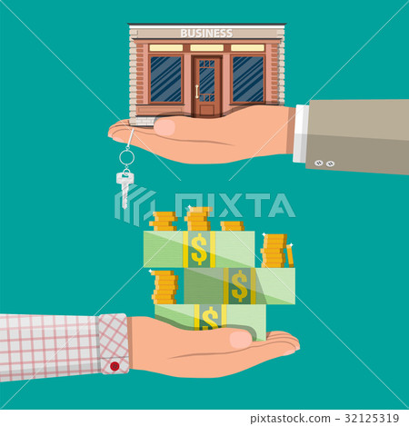 Hand holding shop or commercial property with key. Hand holding shop or commercial property with key. 32125319