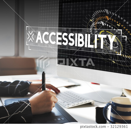 Graphic designer working with accessbility word graphic popup Graphic designer working with accessbility word graphic popup 32129361