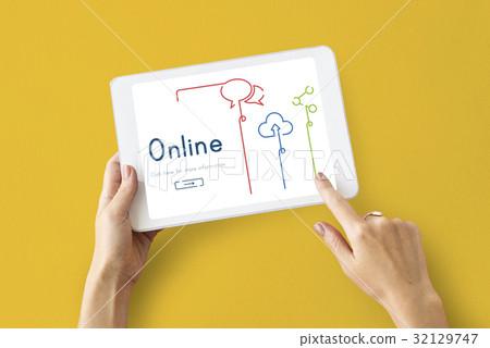 Hands working on digital device network graphic overlay 32129747