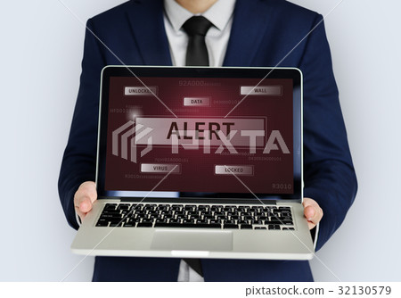 Man holding laptop network graphic overlay 32130579