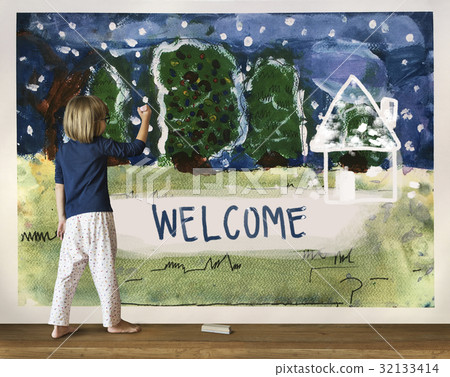Children painting home winter drawing Children painting home winter drawing 32133414