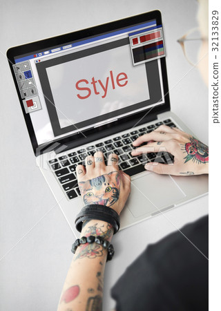 Hands working on laptop network graphic overlay Hands working on laptop network graphic overlay 32133829