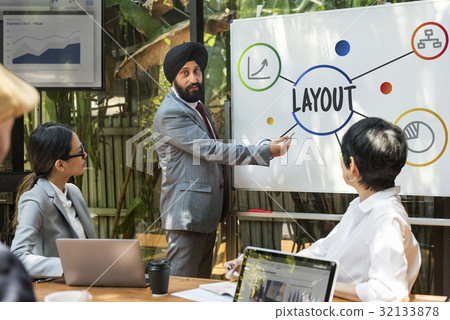 Group of workers working on white board network graphic overlay 32133878
