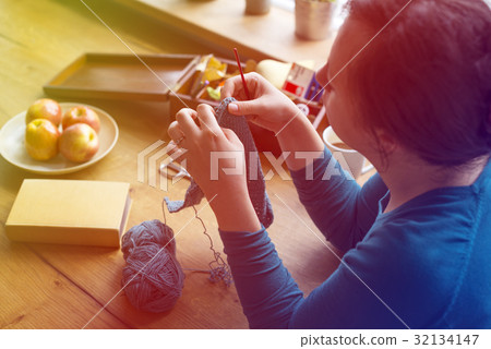 Woman Knitting Handicraft Hobby Homemade 32134147