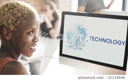 Woman working on computer network graphic overlay Woman working on computer network graphic overlay 32134646