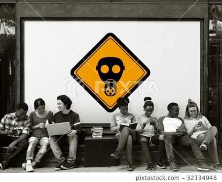 Group of Friends Sitting with Radioactivity Protection Mask Banner Behind 32134948