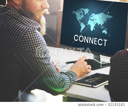People connected to global communication online community by computer People connected to global communication online community by computer 32135181