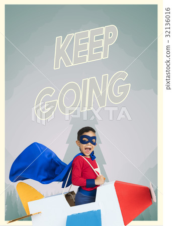 Superhero kid boy with paper plane toy and aspiration word graphic 32136016